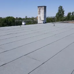 Szary, płaski dach pokryty papą termozgrzewalną z widocznymi kominami wentylacyjnymi i kominem przemysłowym w tle.