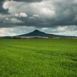 Rozległe pole zielonej trawy pod burzowym niebem z samotną zalesioną górą w oddali.