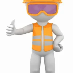Animowana postać w kasku, okularach ochronnych i kamizelce odblaskowej, pokazująca kciuk w górę na białym tle.