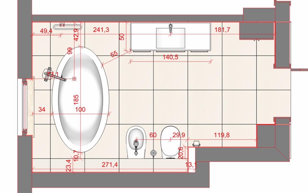 Rzut z góry na projekt łazienki z wymiarami, przedstawiający wannę, umywalkę, toaletę i bidet na tle kwadratowych płytek.