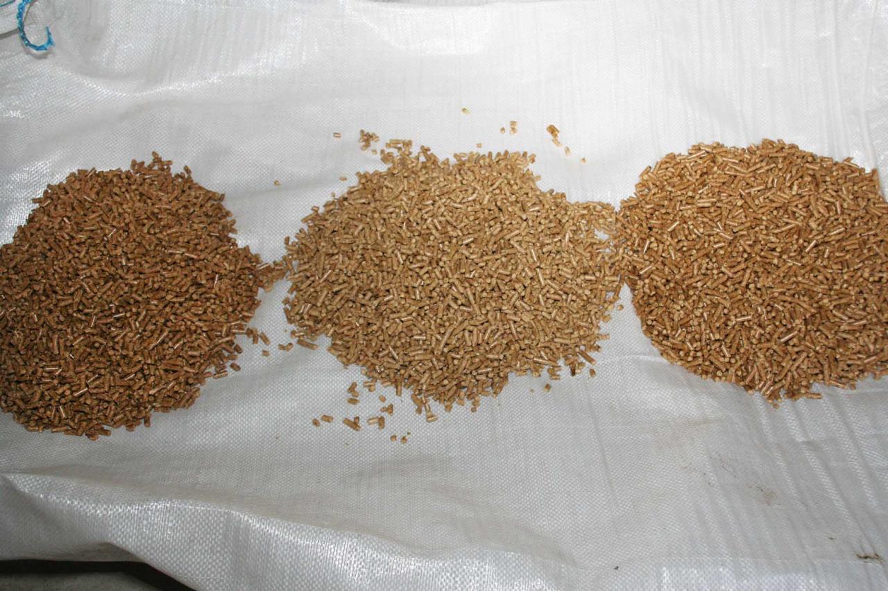 Trzy pryzmy brązowawego granulatu na białym worku jutowym, różniące się odcieniem i strukturą, ukazujące potencjalne różnice w jakości lub składzie.