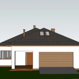 Wizualizacja domu jednorodzinnego z garażem, widok z przodu, dach z dwoma oknami dachowymi i trzema kominami, elewacja w kolorze białym z elementami cegły klinkierowej.