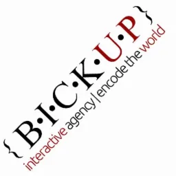 Logo firmy B.I.C.K.U.P, interactive agency, encode the world, czarne litery z czerwonymi akcentami, ukośny układ na białym tle.