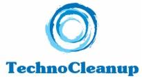 Logo firmy TechnoCleanup przedstawiające stylizowany wir wodny w odcieniach błękitu nad nazwą firmy zapisaną pogrubioną czcionką.