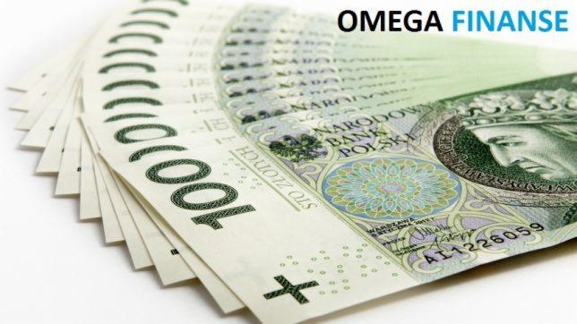 Stos banknotów 100 zł ułożonych wachlarzowo na białym tle, z widocznym znakiem wodnym królowej Jadwigi i logotypem 'OMEGA FINANSE' w prawym górnym rogu.
