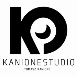Czarno-białe logo Kanionestudio Tomasza Kanione, stylizowane litery K i P z motywem półksiężyca.