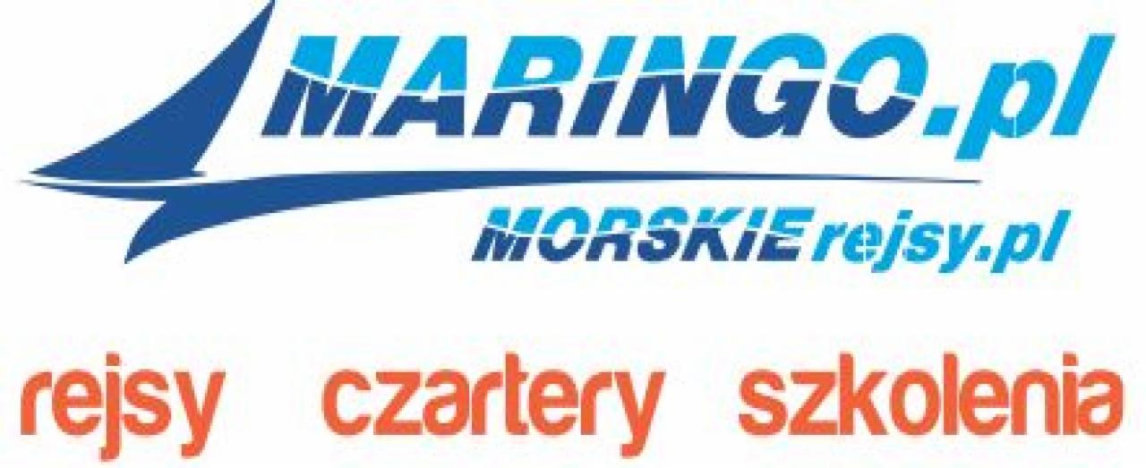 Logo firmy MARINGO.pl oferującej morskie rejsy, czartery i szkolenia, z motywem żaglówki w kolorze niebieskim.