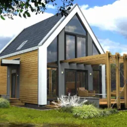 Wizualizacja nowoczesnego domu jednorodzinnego z drewnianą elewacją, dużymi przeszkleniami i pergolą z jasnego drewna, otoczonego zielenią.