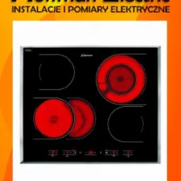 Czarna, czteropalnikowa płyta indukcyjna z dwoma włączonymi polami grzewczymi, otoczona ramką z napisem 'Hoffman Electric. Instalacje i pomiary elektryczne'.