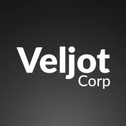 Białe logo firmy Veljot Corp na ciemnoszarym tle z gradientem.