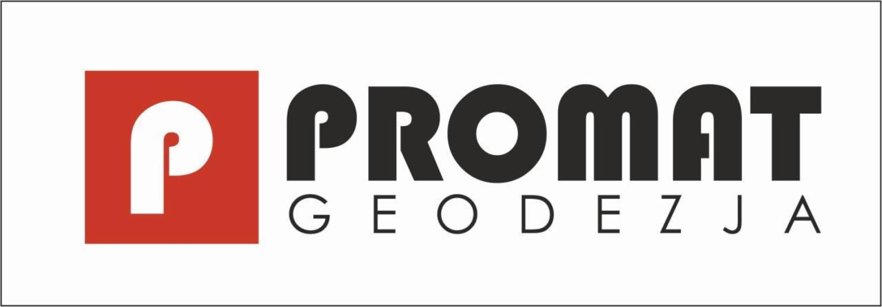 Logo firmy PROMAT GEODEZJA z czerwonym kwadratem i stylizowaną literą P po lewej stronie.
