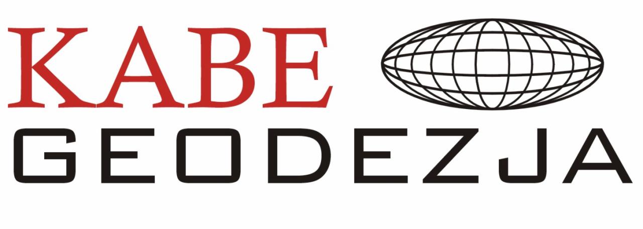 Logo firmy KABE z czerwoną nazwą na górze i czarną nazwą GEODEZJA na dole, obok stylizowany symbol globu z siatką współrzędnych.