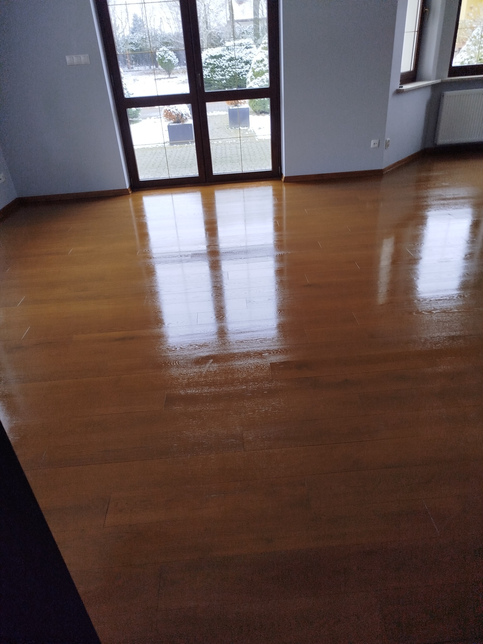 Błyszcząca, świeżo polakierowana podłoga z drewna w pokoju z dużym oknem i widokiem na zimowy ogród. Widoczne refleksy światła na powierzchni.