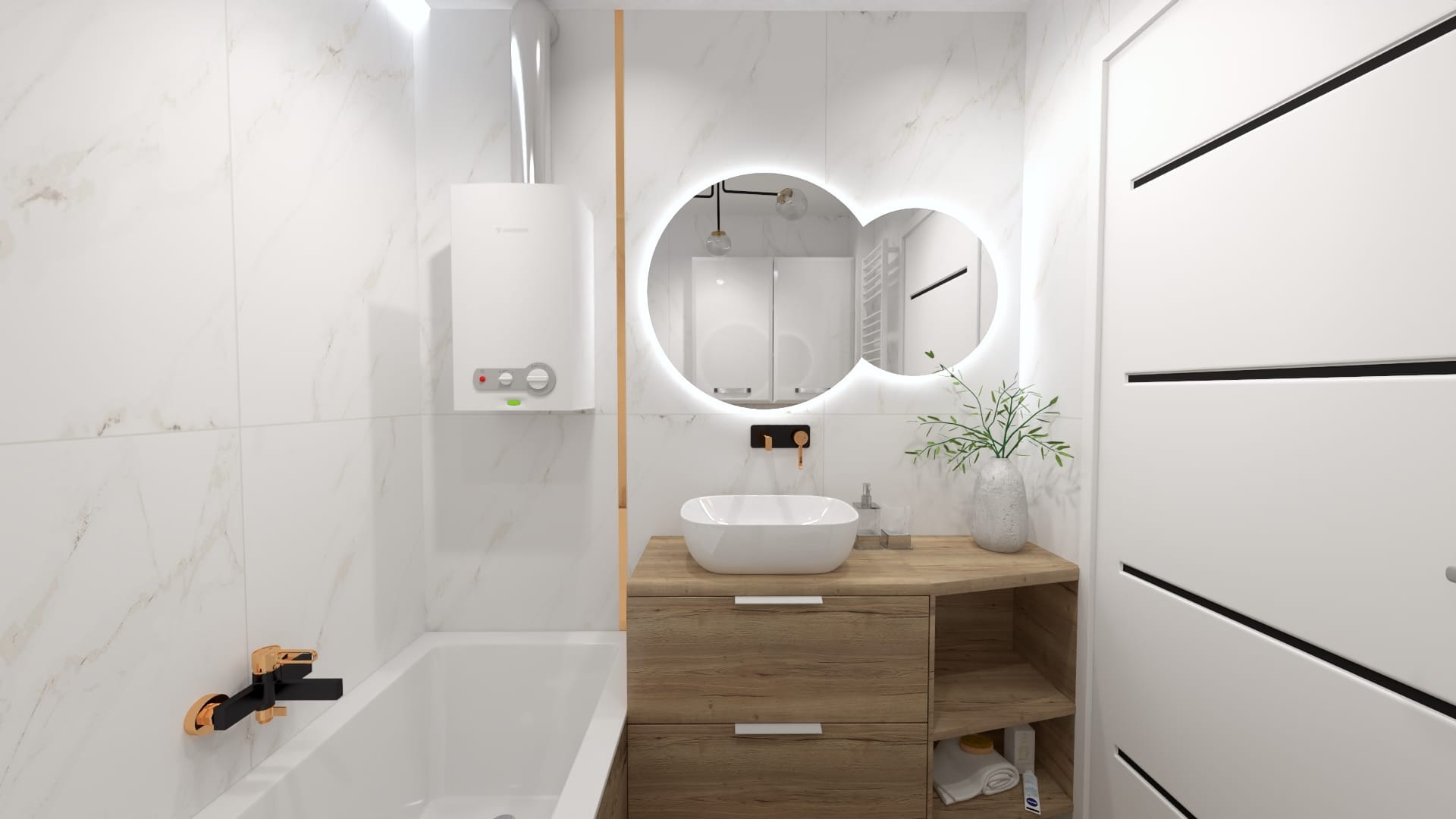 Nowoczesna łazienka z marmurowymi płytkami, owalnym lustrem z podświetleniem LED, drewnianą szafką pod umywalką i minimalistyczną armaturą w kolorze czerni i miedzi.