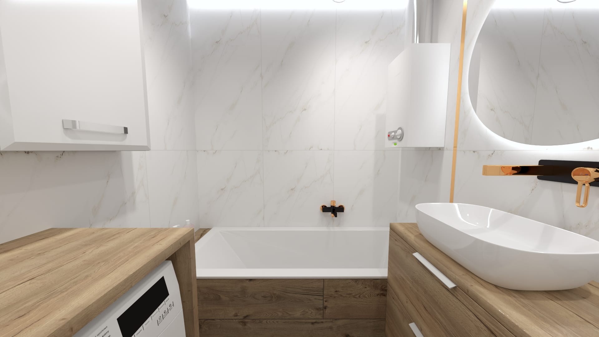 Nowoczesna łazienka z białymi marmurowymi płytkami, owalną umywalką nablatową, podświetlanym lustrem, wanną obudowaną drewnem i białymi szafkami wiszącymi.