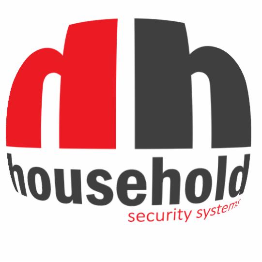 Logo firmy Household Security Systems z czerwonym i szarym symbolem graficznym przypominającym stylizowany dom nad napisem.