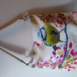 Biała torebka damska z nadrukiem sikorki i kwitnących gałęzi, widoczne metalowe elementy mocujące uchwyt.