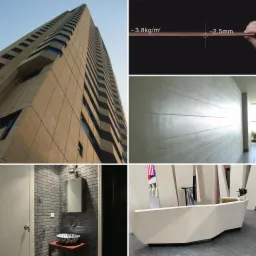 Kompozycja zdjęć: fasada budynku z okładziną, przekrój cienkiego materiału z oznaczeniem grubości, ściana wyłożona panelami imitującymi drewno, łazienka z umywalką na drewnianym stoliku, recepcja...