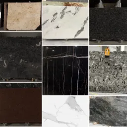 Prezentacja różnorodnych płyt kamiennych o różnych kolorach i wzorach, w tym beżowej, białej z szarymi żyłkami, czarnej z białymi i złotymi żyłkami, brązowej i szarej, ustawionych na metalowych...