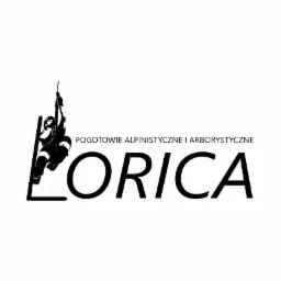 Logo firmy Lorica świadczącej pogotowie alpinistyczne i arborystyczne, z sylwetką pracownika na linie.