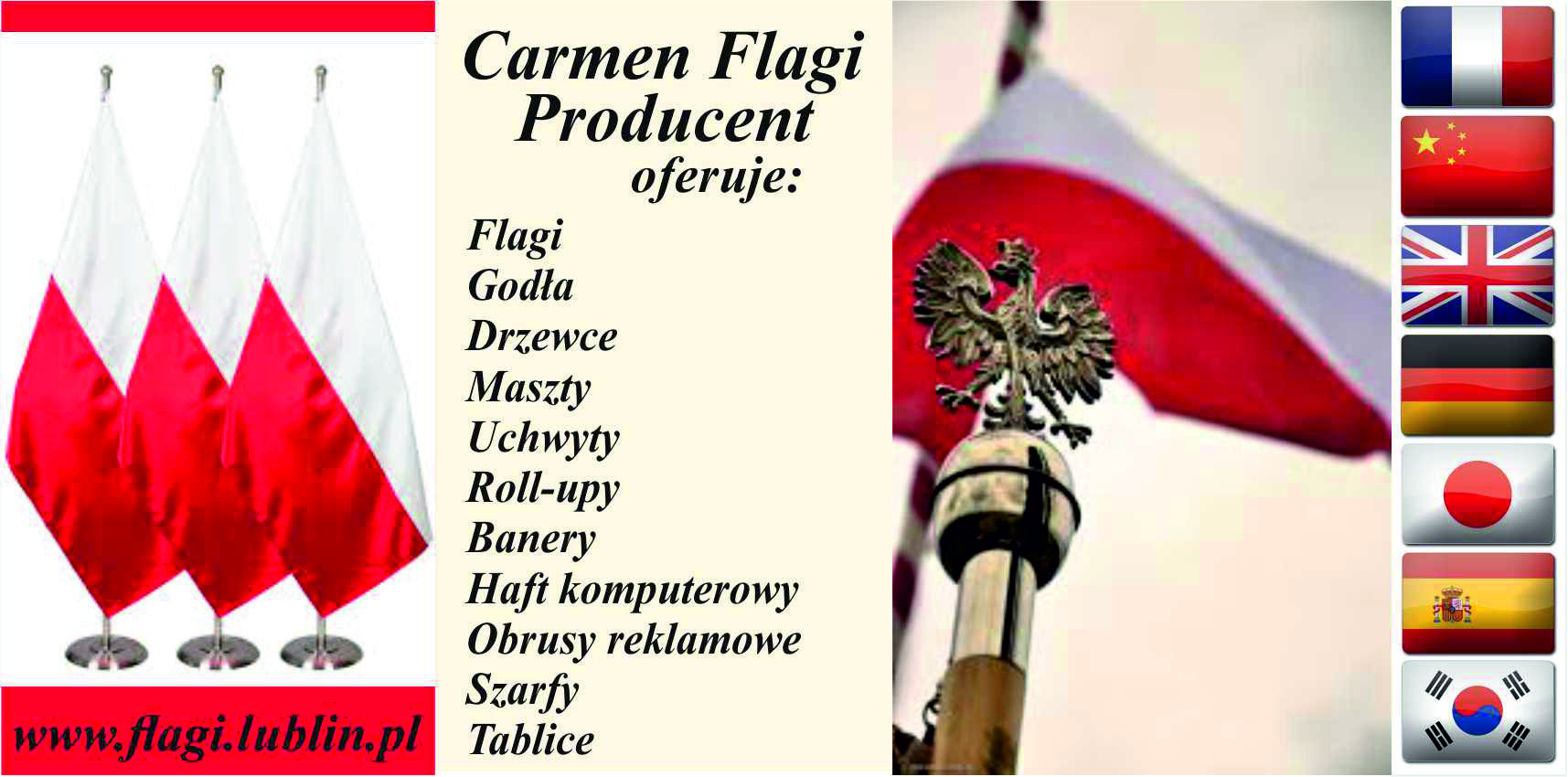 Trzy polskie flagi na stojakach, orzeł na maszcie flagi i ikony różnych flag państwowych, oferta firmy Carmen Flagi z Lublina.