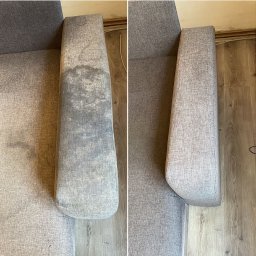 Czyszczenie silnie zabrudzonej tapicerki kanapy. Efekt przed i po wyczyszczeniu.