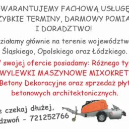 Ogłoszenie reklamowe firmy oferującej fachowe usługi wylewek maszynowych mixokret, betony dekoracyjne i sprzedaż płyt betonowych, działającej na terenie województw śląskiego, opolskiego i łódzkiego...