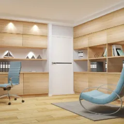 Nowoczesne biuro domowe z drewnianą zabudową, jasnymi ścianami i podłogą. Charakterystyczne krzesło biurowe w kolorze błękitnym oraz fotel bujany na dywanie. Oświetlenie punktowe podkreśla...