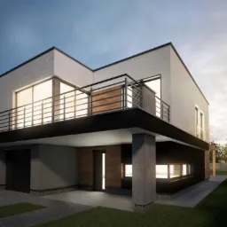 Wizualizacja nowoczesnego, dwukondygnacyjnego domu z płaskim dachem, balkonem z metalową balustradą i drewnianym panelem, oświetlonego promieniami zachodzącego słońca, z garażem w bryle budynku...
