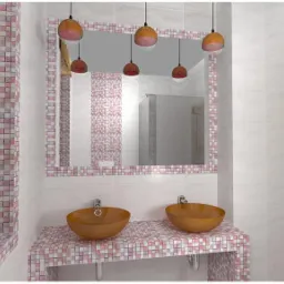 Wizualizacja łazienki z dwoma okrągłymi, brązowymi umywalkami na blacie z mozaiki w odcieniach różu i fioletu, lustro obramowane mozaiką i wiszące lampy w kolorze miedzi.