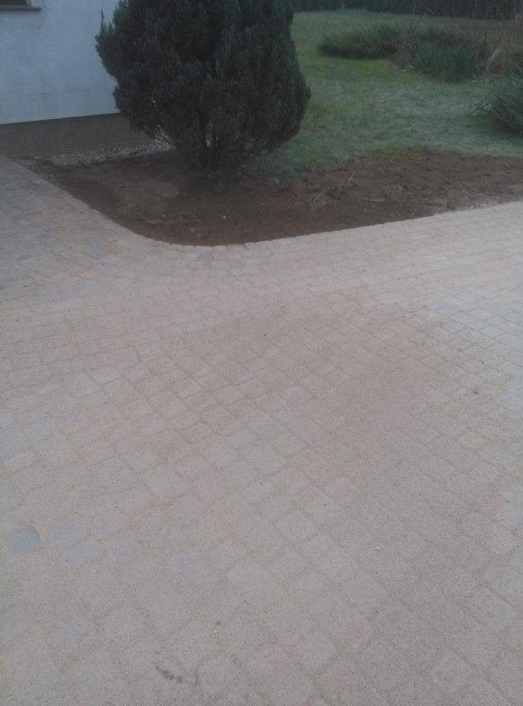 Szara kostka brukowa ułożona na podjeździe przed domem, widoczny fragment trawnika z krzewami i małym drzewkiem iglastym.