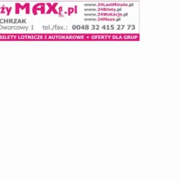 Logo firmy turystycznej MAX.pl z Raciborza, oferującej wczasy, wycieczki, bilety lotnicze i autokarowe oraz oferty dla grup. Widoczne adresy stron internetowych i numer telefonu.