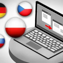 Grafika przedstawia laptopa z widocznymi dwoma oknami tekstowymi połączonymi czerwoną strzałką, symbolizującą tłumaczenie, obok kt&oacute;rego znajdują się okrągłe ikony flag Niemiec, Czech, Polski...