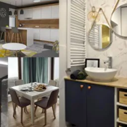 Kolaż przedstawiający różne wnętrza: kuchnię z wyspą i hokerami, salon z telewizorem i stolikiem kawowym, jadalnię ze stołem i krzesłami, łazienkę z umywalką nablatową i lustrami oraz aneks...