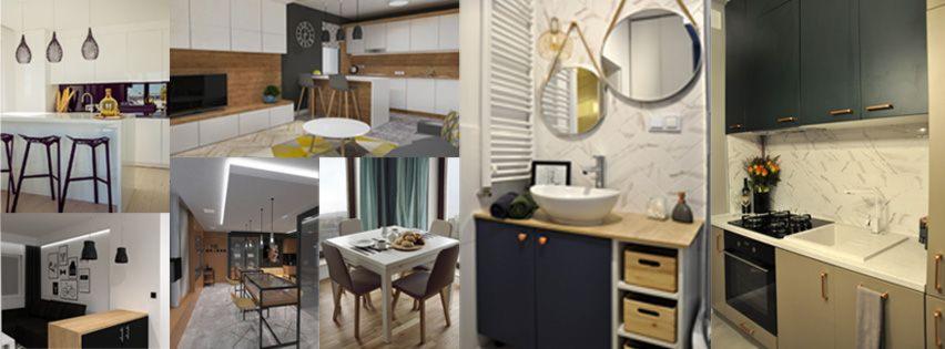 Kolaż przedstawiający różne wnętrza: kuchnię z wyspą i hokerami, salon z telewizorem i stolikiem kawowym, jadalnię ze stołem i krzesłami, łazienkę z umywalką nablatową i lustrami oraz aneks...