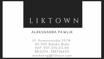 Wizytówka firmy LIKTOWN z danymi kontaktowymi: imię i nazwisko, adres, NIP, REGON i adres e-mail. Czarno-biała kolorystyka.