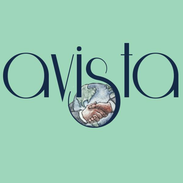 Ilustracja: Stylizowany napis 'Avista' z uściskiem dłoni na tle globu ziemskiego, całość na jednolitym, jasnym tle.