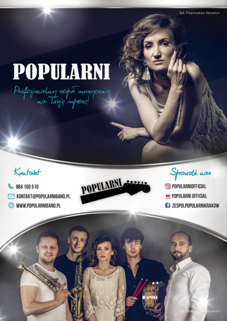 Plakat zespołu muzycznego 'Popularni' z portretem wokalistki i zdjęciem zespołu z instrumentami: trąbką, saksofonem i perkusją. Na plakacie dane kontaktowe i nazwy profili w mediach społecznościowych.