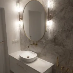 Elegancka łazienka z umywalką nablatową, złotą armaturą i lustrem w złotej ramie na tle marmurowej ściany, oświetlona nowoczesnymi lampami.