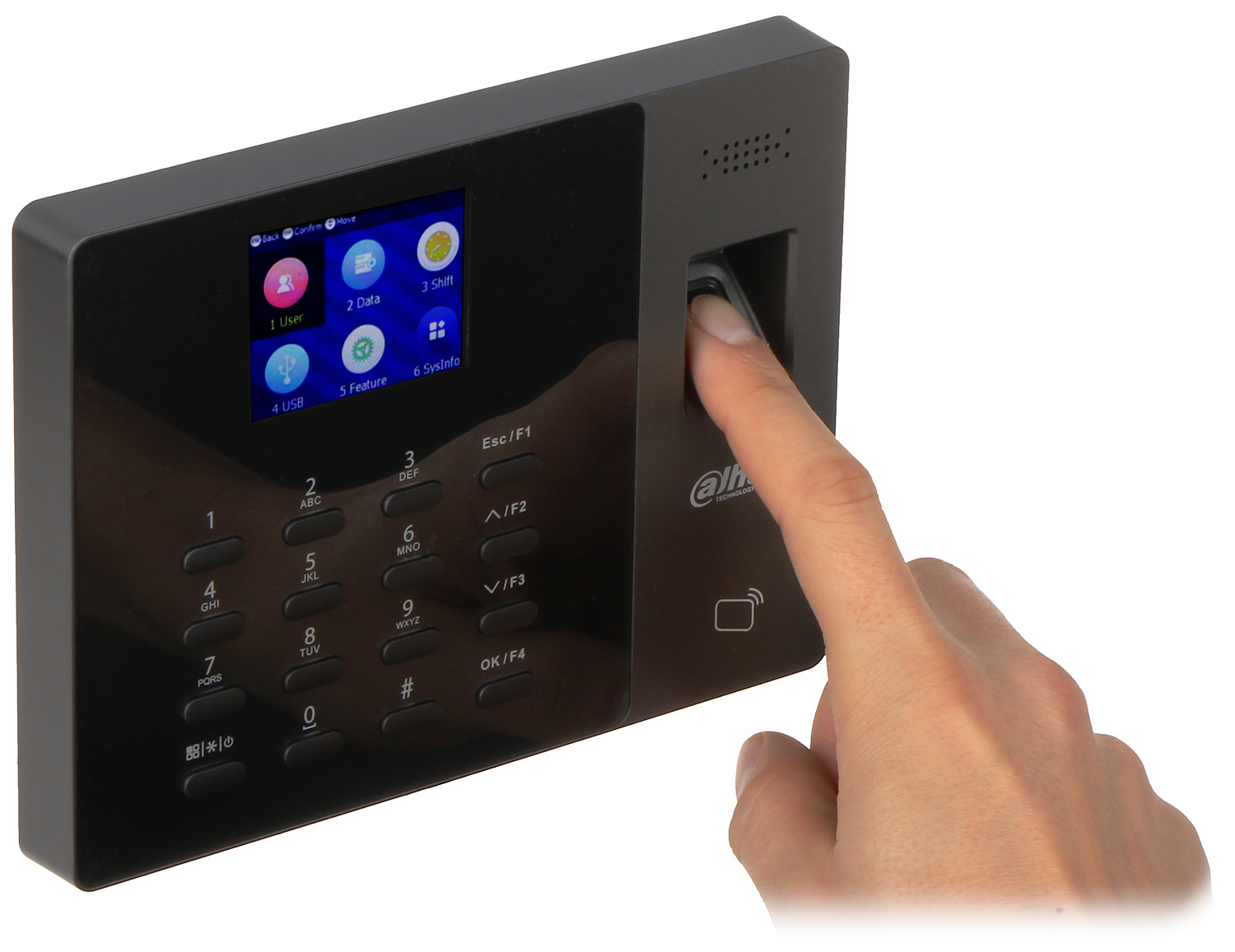 Biometryczny czytnik linii papilarnych Dahua z ekranem dotykowym i klawiaturą numeryczną, używany do kontroli dostępu i rejestracji czasu pracy, z przykładanym palcem wskazującym.