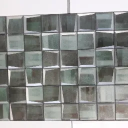 Szklana mozaika ścienna w odcieniach szarości i zieleni, z trójwymiarowym efektem i srebrnymi fugami, ułożona na białej ścianie.