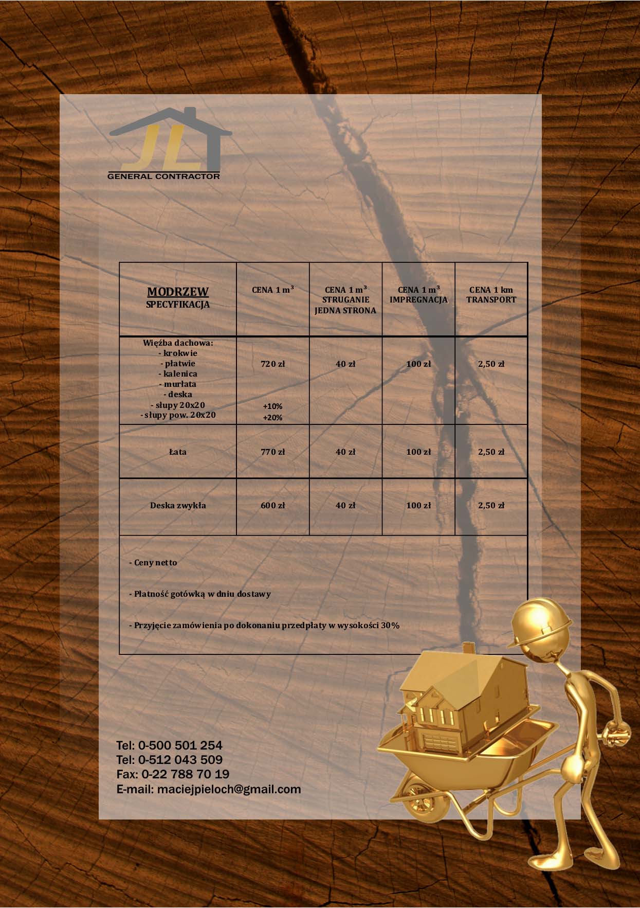 Cennik drewna modrzewiowego, obejmujący więźbę dachową, łaty i deski, z uwzględnieniem kosztów strugania, impregnacji i transportu, na tle tekstury drewna, z grafiką przedstawiającą złotego ludzika...