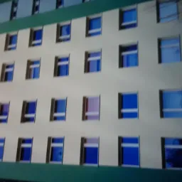 Wielopiętrowy budynek z elewacją w odcieniach beżu i zieleni, liczne okna z niebieskimi szybami odbijającymi światło, widoczne gałęzie drzewa po prawej stronie.