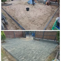 Układanie kostki brukowej: zdjęcie 'przed' z gruzem i 'po' z ułożoną szarą kostką. Widoczne obrzeża i fragmenty ogrodu.