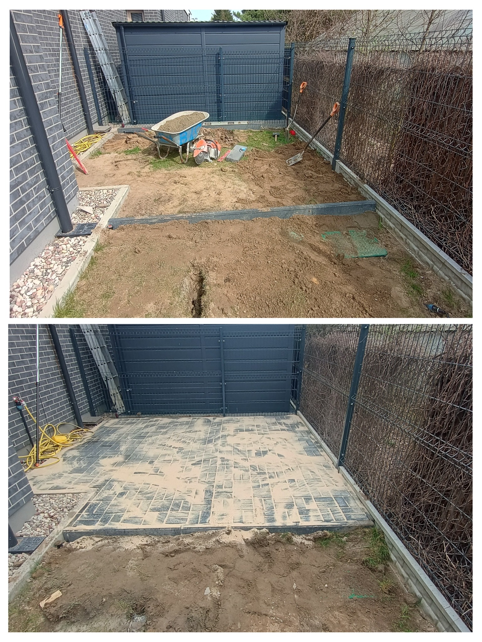 Zdjęcie 'przed i po' z prac brukarskich: teren przed przygotowaniem podłoża z taczką i narzędziami, a poniżej ułożona, szara kostka brukowa przy ogrodzeniu.