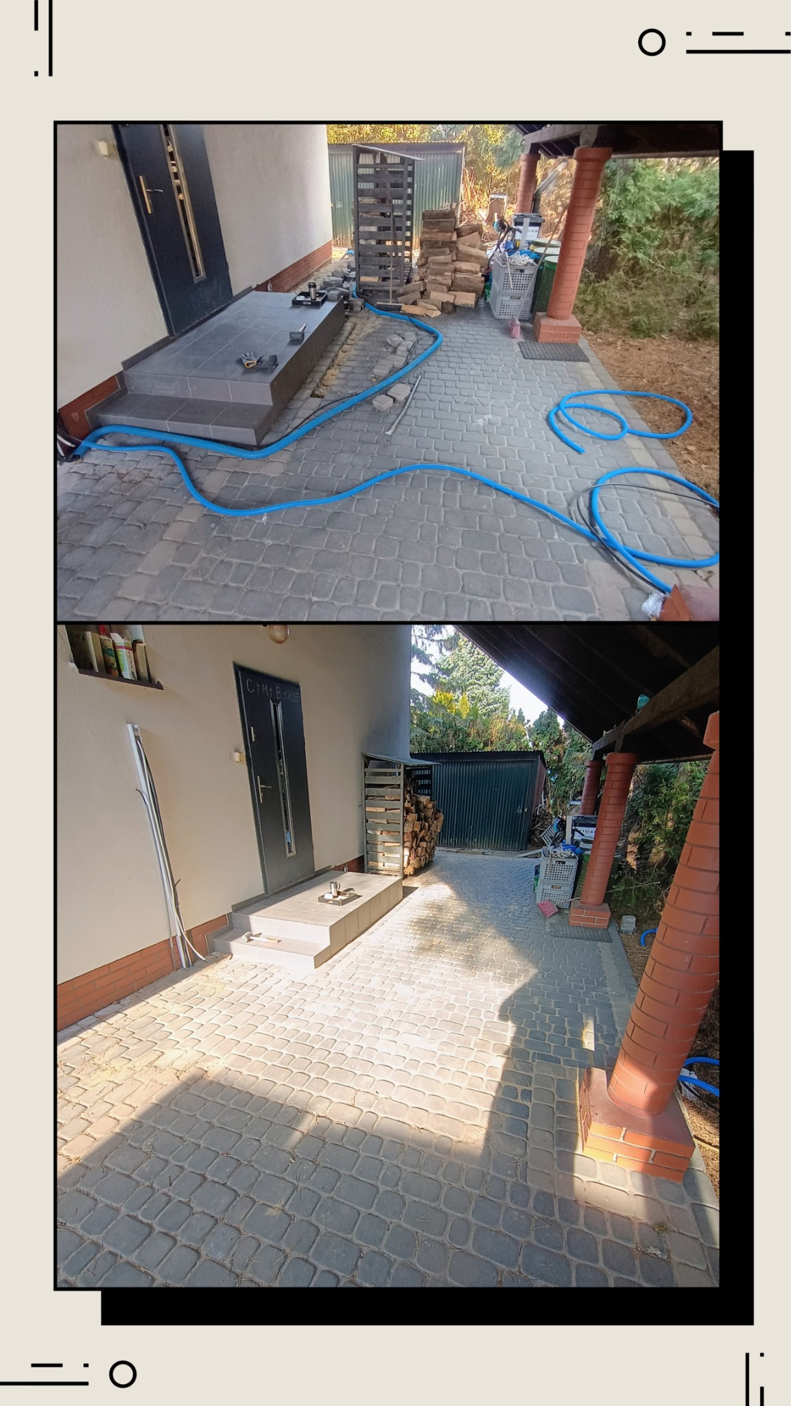 Układanie kostki brukowej: porównanie stanu przed i po. Na pierwszym planie kostka, niebieski wąż i narzędzia. Na drugim planie ułożona kostka, czysto i schludnie.