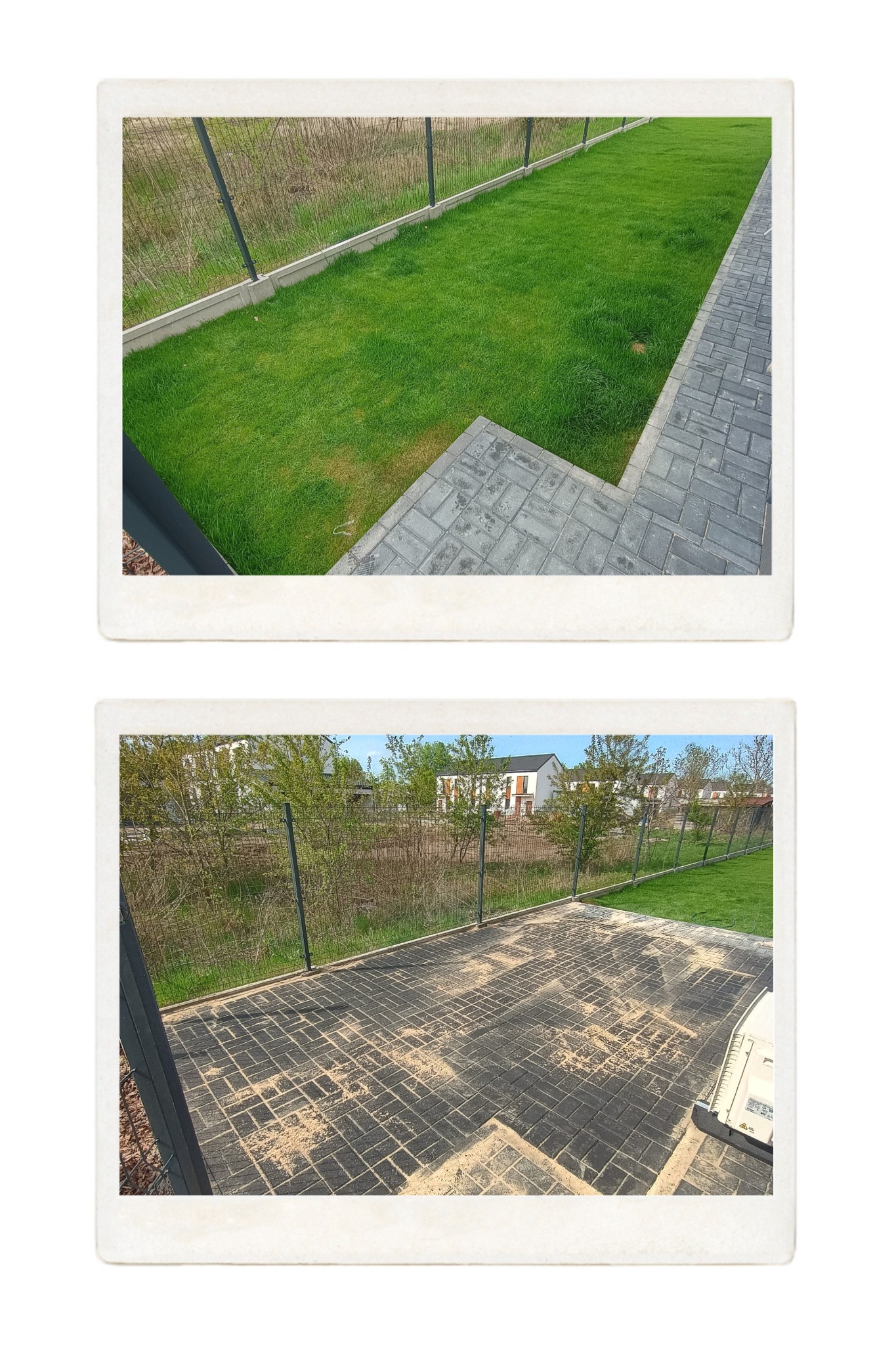 Dwa ujęcia: trawnik z kostką brukową i teren pod kostkę. Widoczny płot i zieleń. Ujęcie 'przed' i 'po' pracach brukarskich.