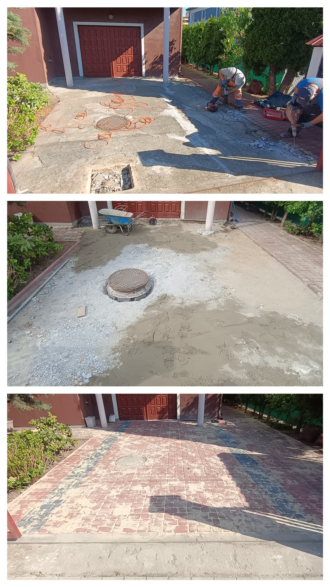 Kaskadowe ujęcie procesu układania kostki brukowej: demontaż, przygotowanie podłoża i efekt finalny z czerwoną kostką wokół studzienki.