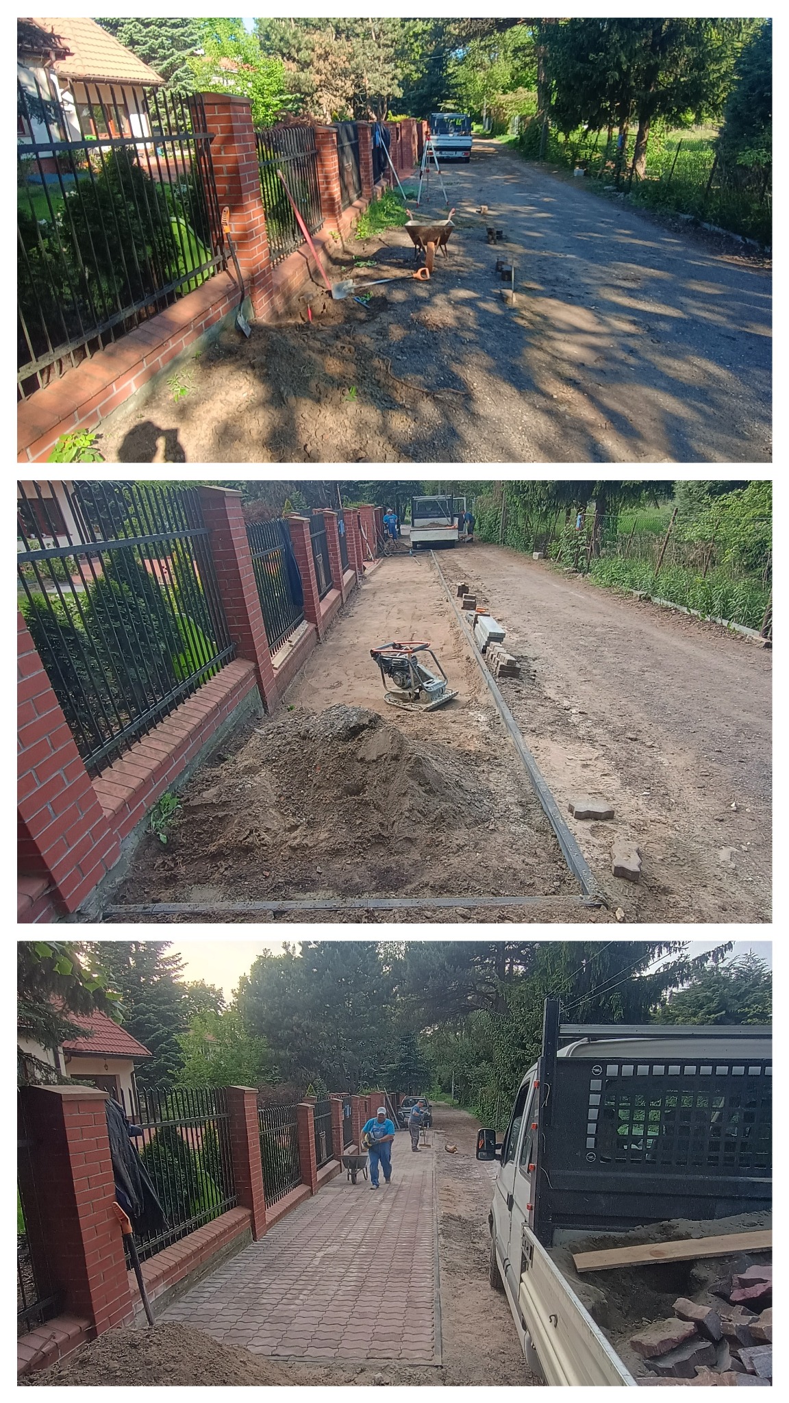 Układanie kostki brukowej: etapy prac przy posesji z ceglanym ogrodzeniem. Widoczny ubijak, kostka w trakcie układania, pracownicy i samochód dostawczy.