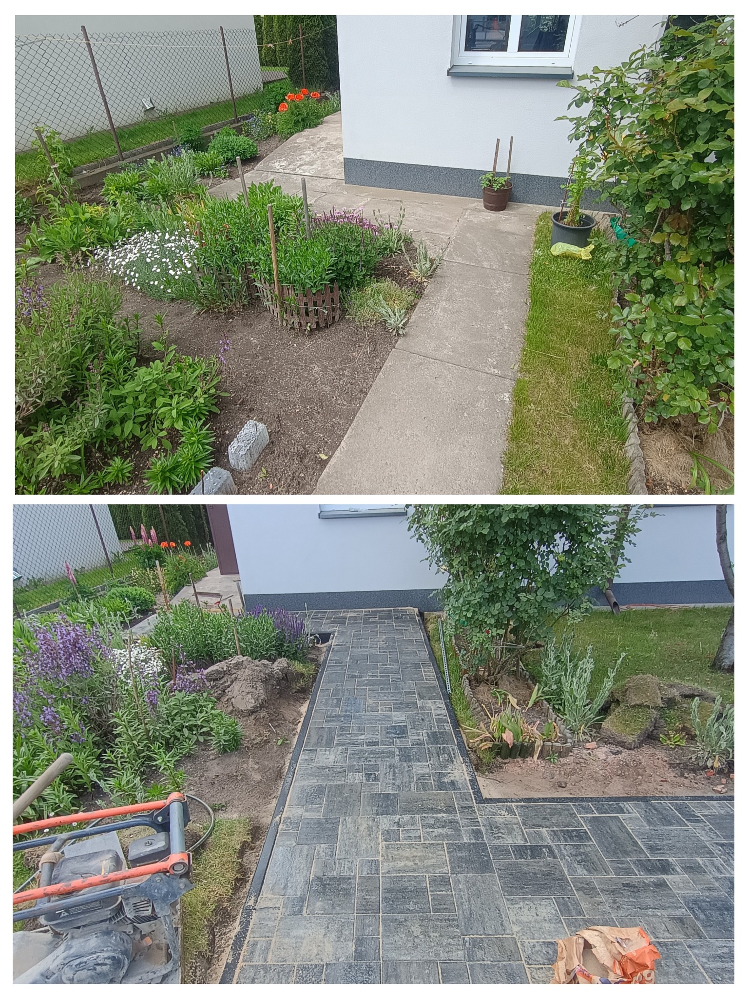 Zdjęcie 'przed i po' z układania ciemnej kostki brukowej na ścieżce ogrodowej. W tle zieleń ogrodu, dom z białymi ścianami i okno.